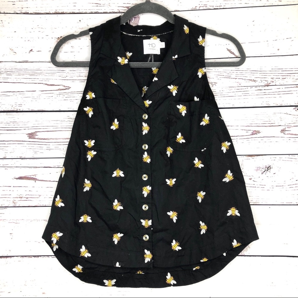Anthropologie Black Sleeveless V-Neck Blouse with Cream Floral Print